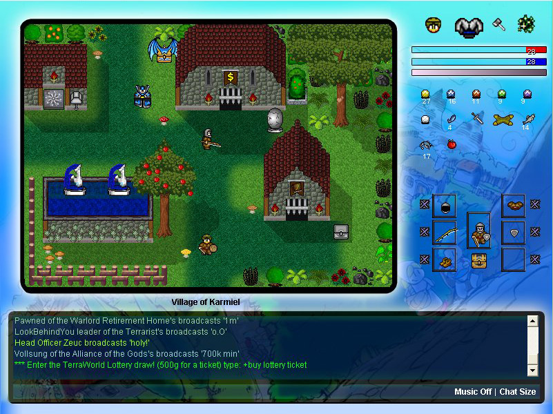 TerraWorld Online in play: the Village of Karmiel, with the game's inventory beside it